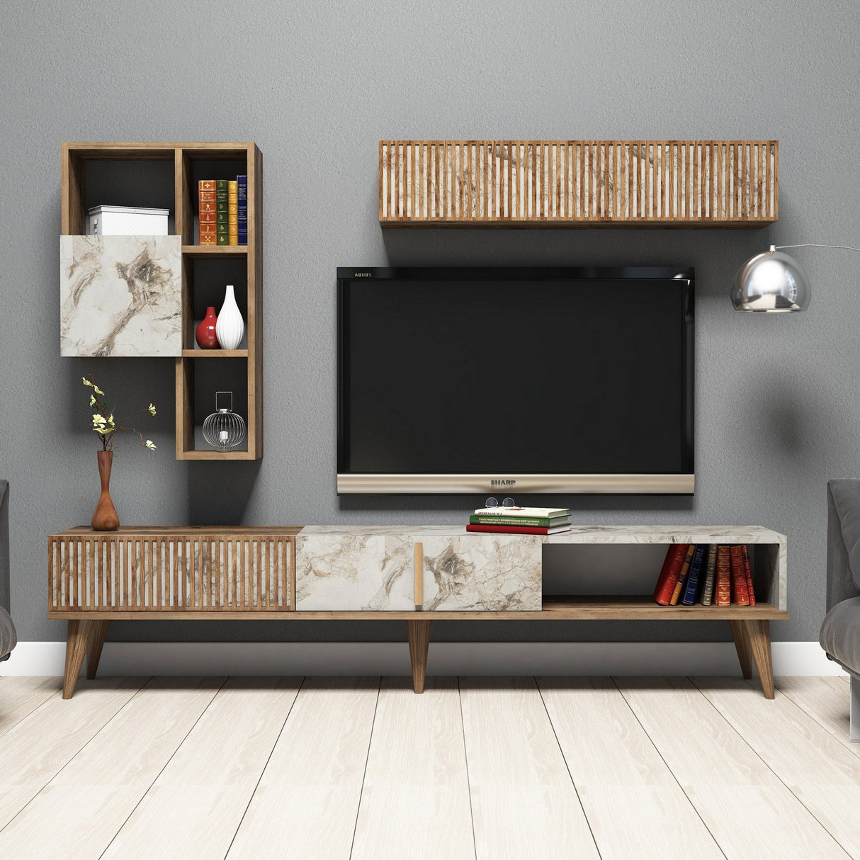 Ensemble de meubles télévisés Milan Walnut Marbre Mélamine 180x40x35 cm