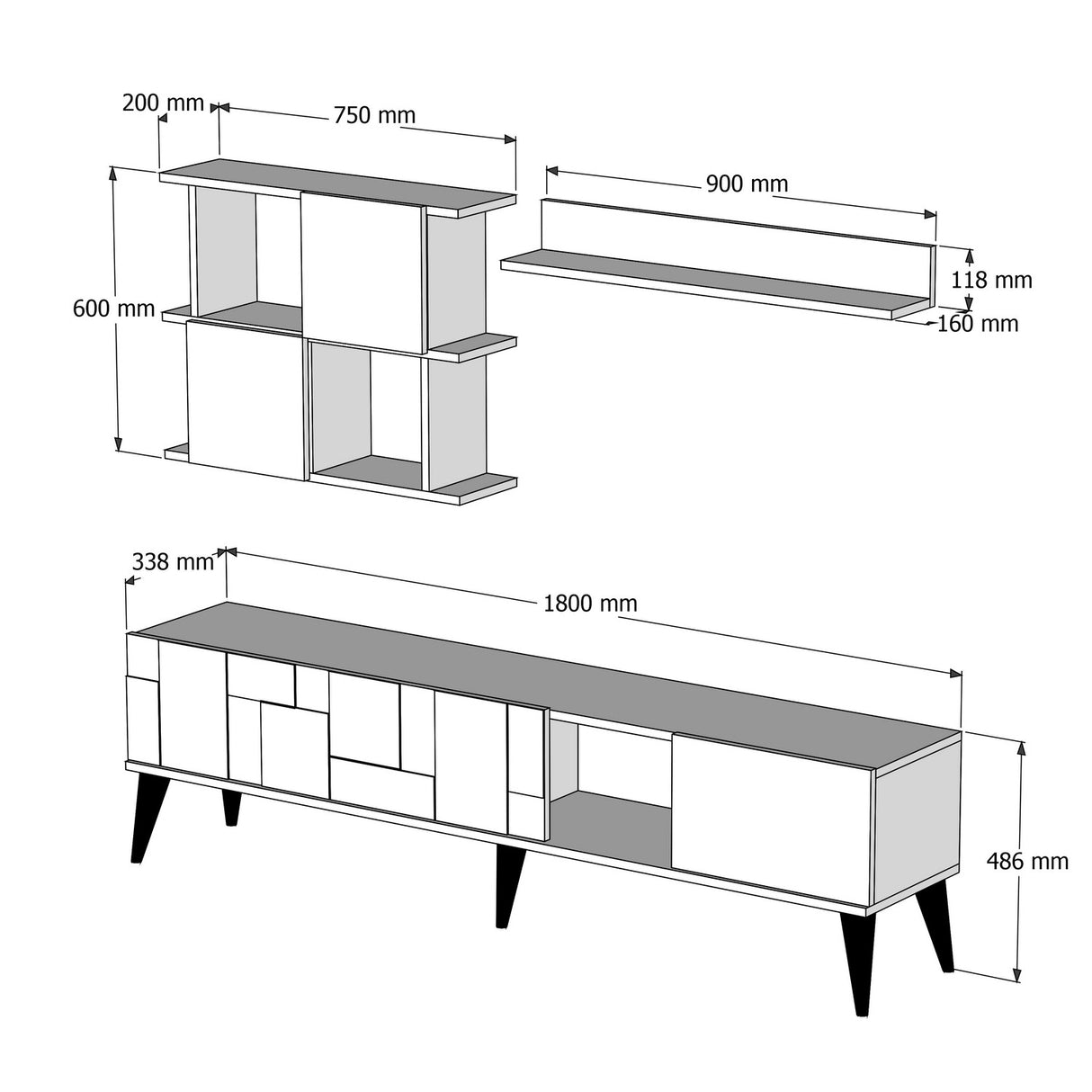 Ensemble de meubles télévisés Madrid Walnut Anthracite Mélamine 180x48.6x33,8 cm