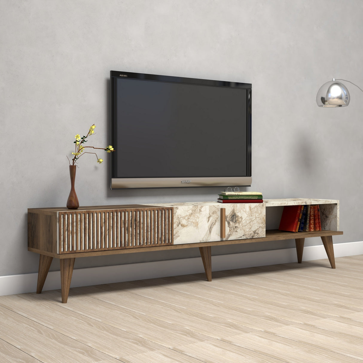 Meubles de télévision Milan Walnut Marbre blanc mélamine 180x40x35 cm