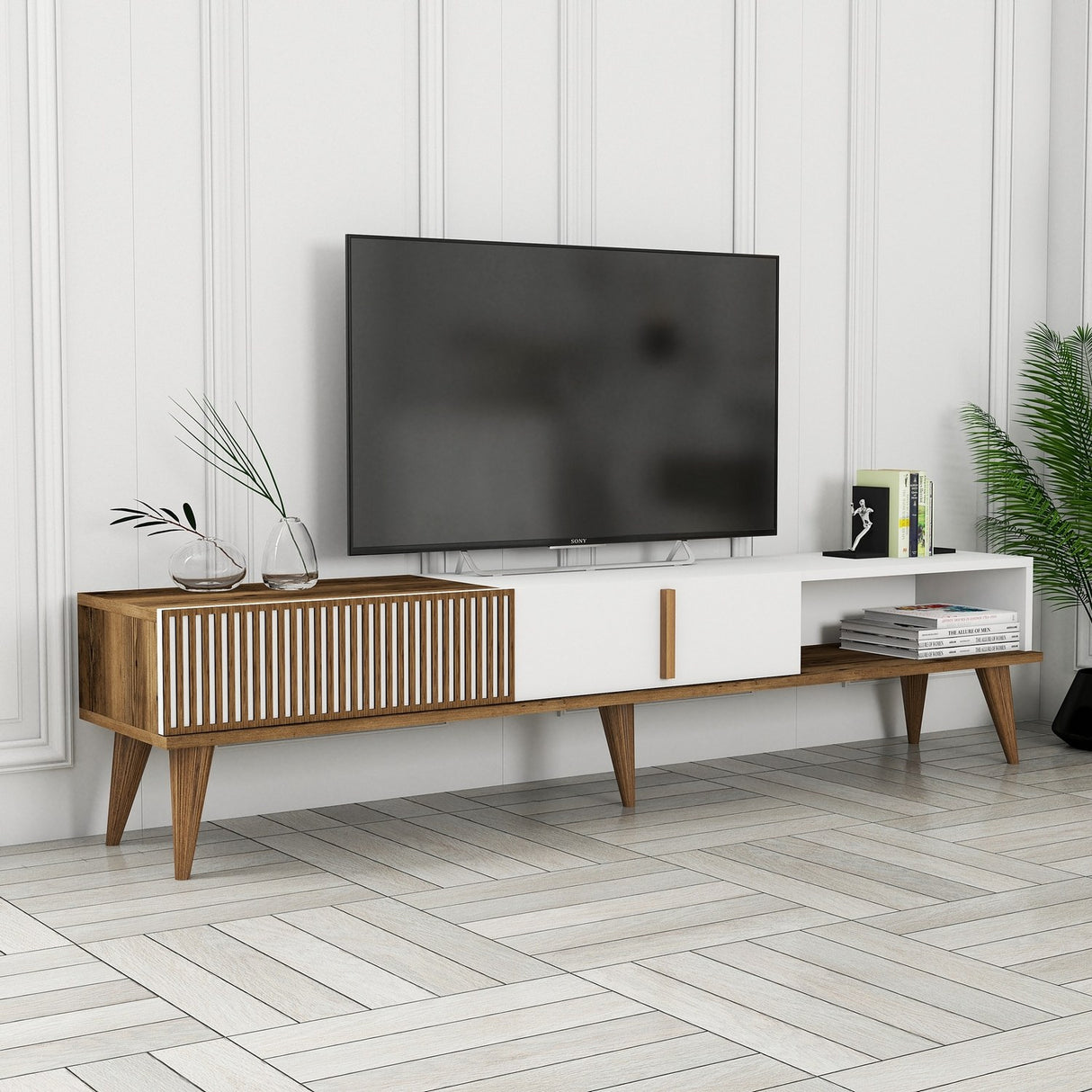 Meubles de télévision Milan Alt Walnut Mélamine blanche 180x40x35 cm