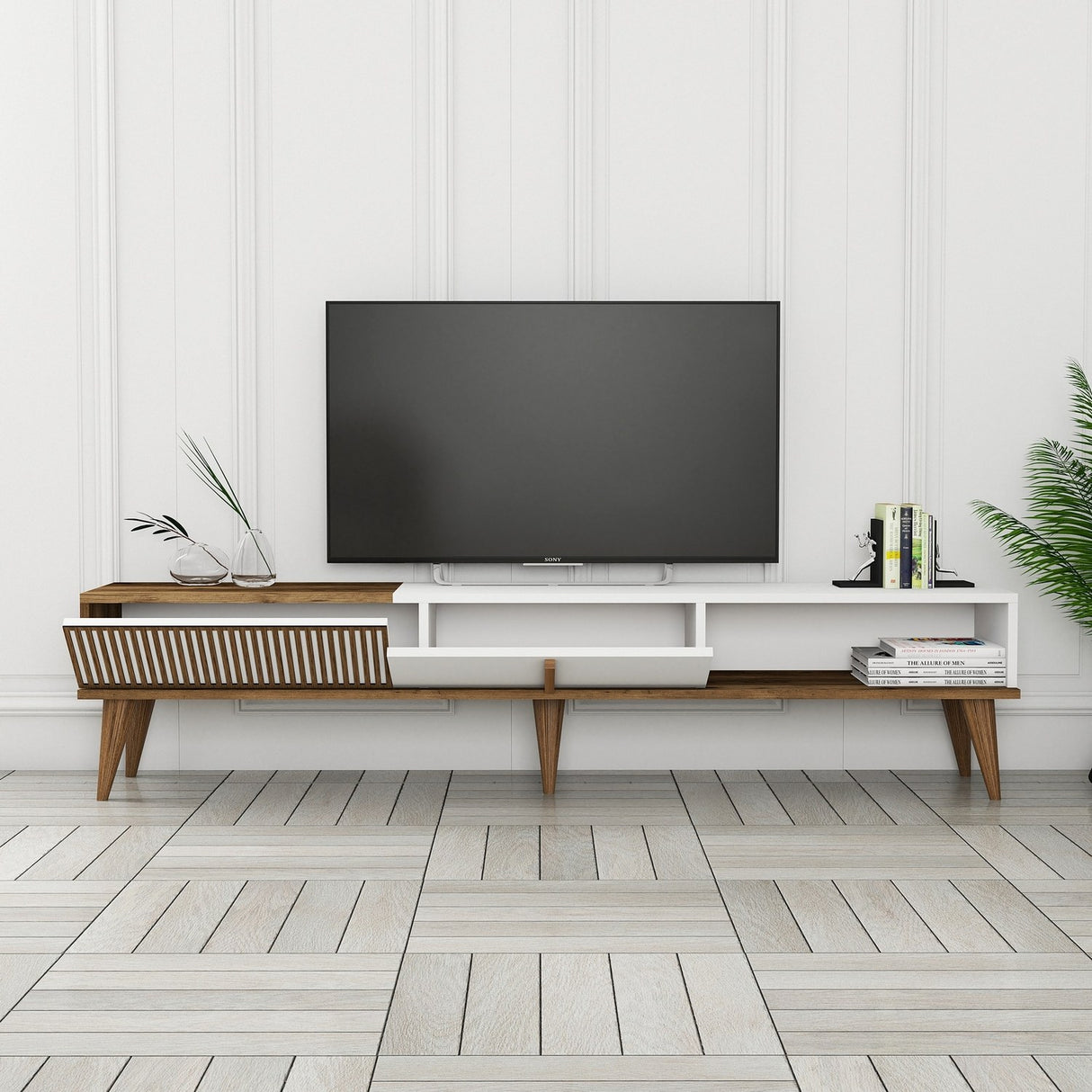 Meubles de télévision Milan Alt Walnut Mélamine blanche 180x40x35 cm