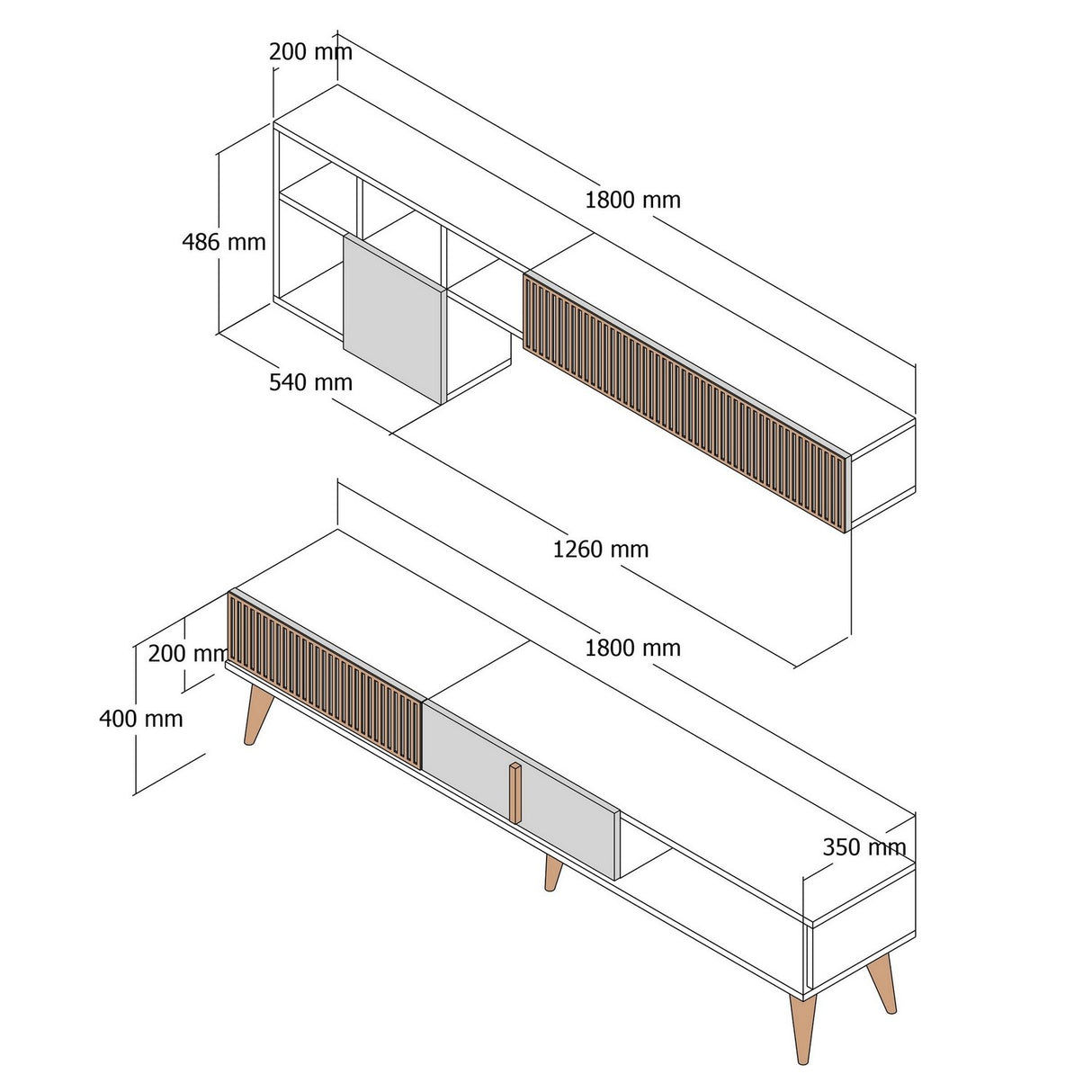 Ensemble de meubles télévisés Milan TV Walnut Mélamine blanche 180x40x35 cm