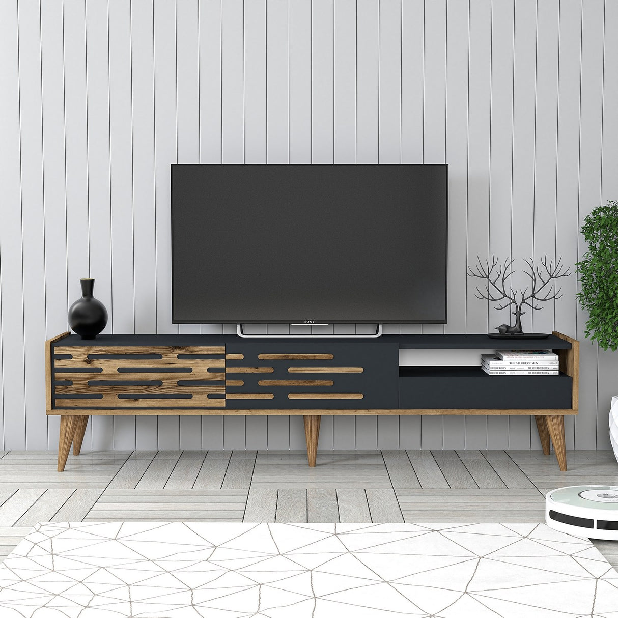 TV Meubel Valensiya Walnoot Antraciet Melamine 180x35x45 cm