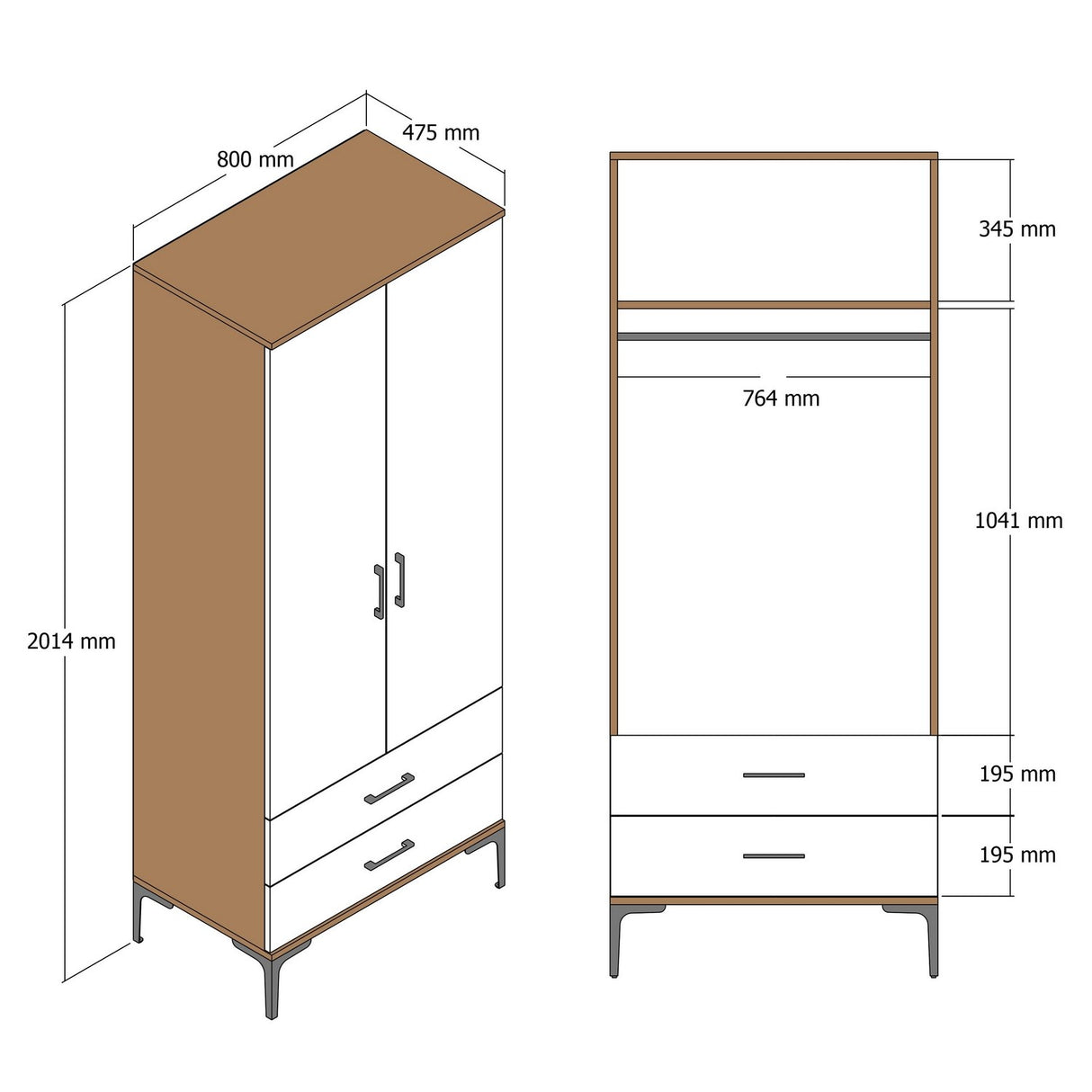 Kledingkast Kumsal T Walnoot Wit Melamine 80x47,5x201,4 cm