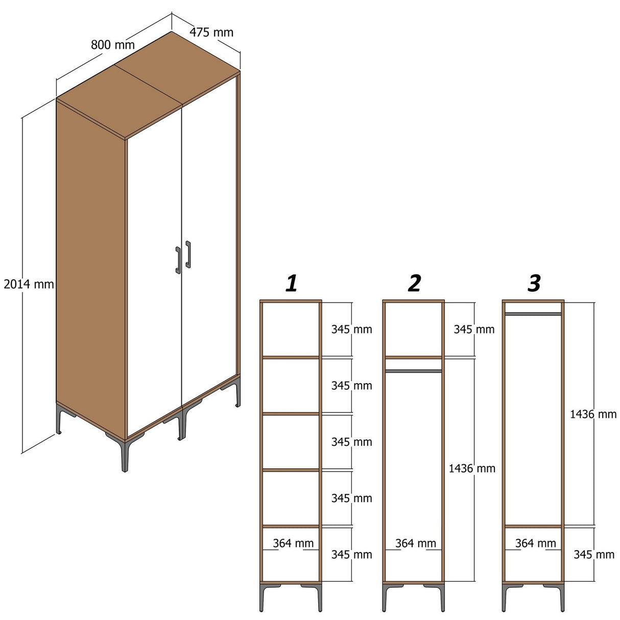 Kledingkast Kumsal RS Walnoot Wit Melamine 80x47,5x201,4 cm