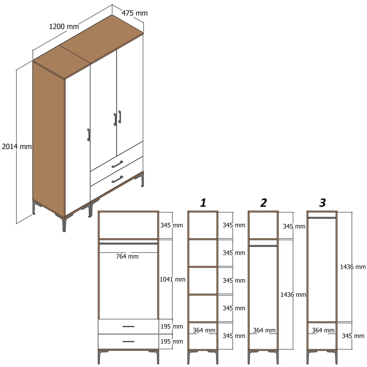 Armoire Kumual Rt Walnut White Mélamine 120x47.5x201.4 cm