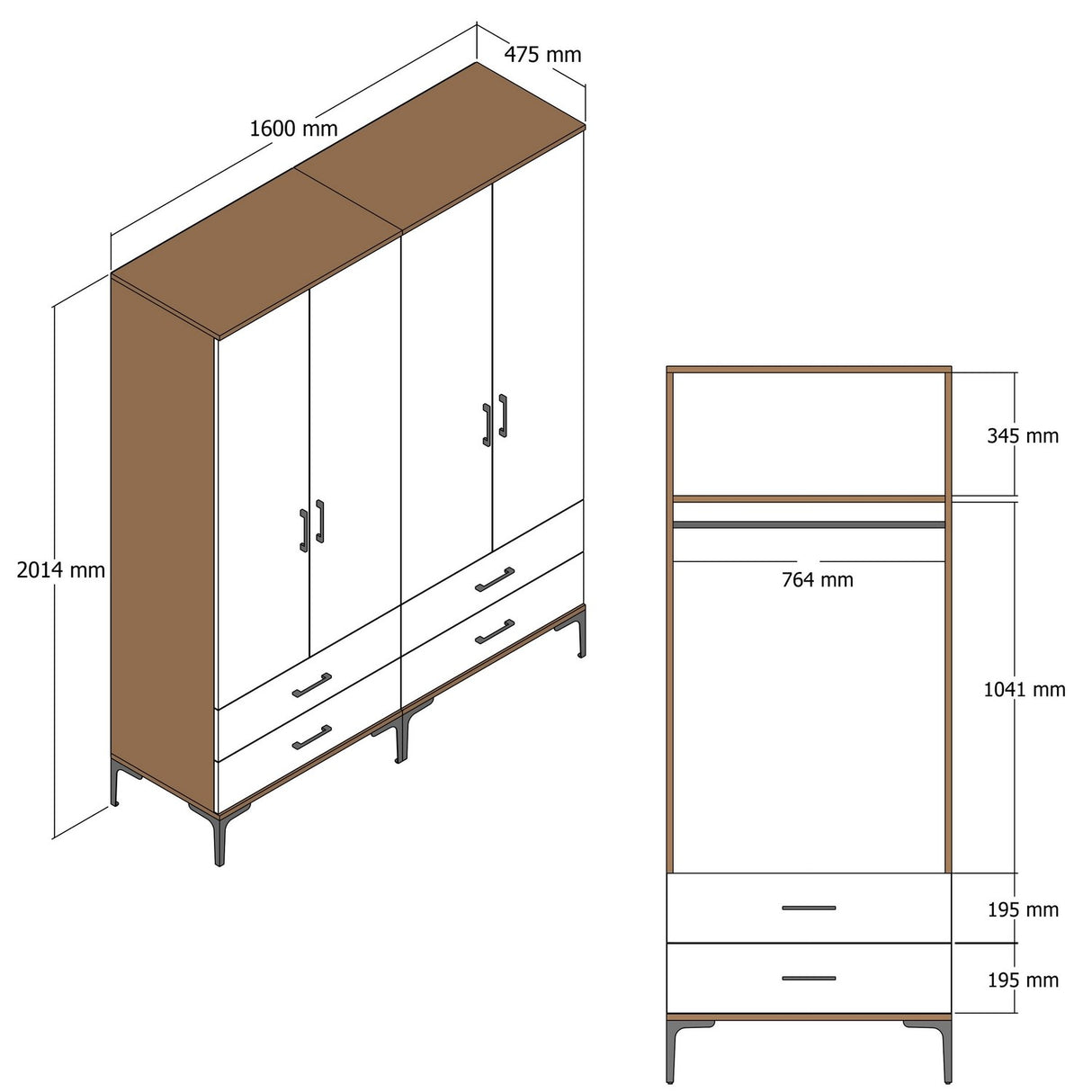 Armoire kumsal tt noyer blanc mélamine 160x47.5x201.4 cm