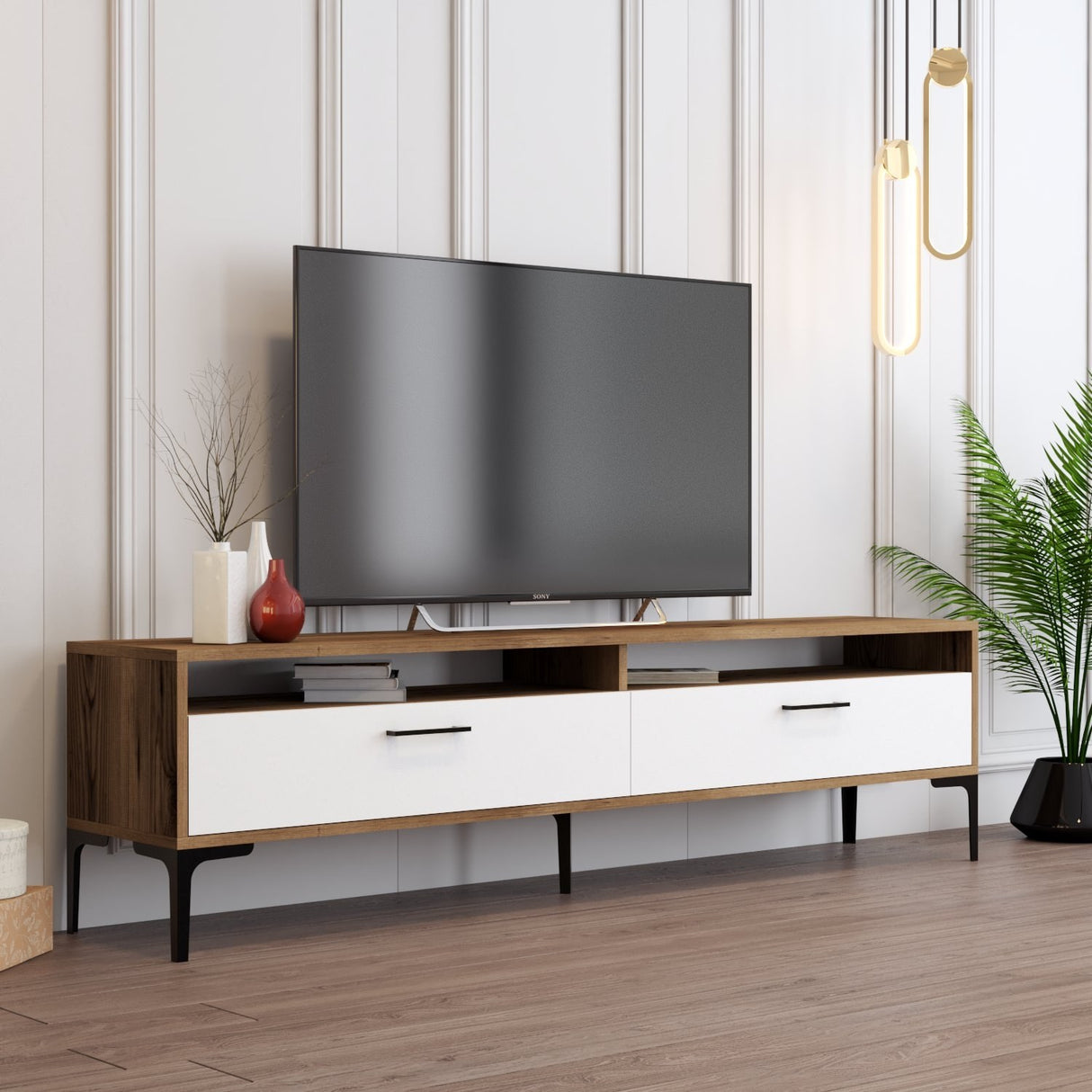 Ensemble de meubles TV Gebze Walnut Mélamine blanche 180x35x47 cm