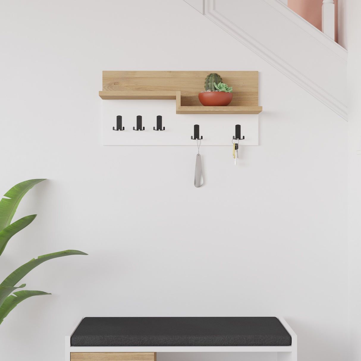 Kapstok 5-Haaks Wit, Eikenhout Melamine - 65 cm