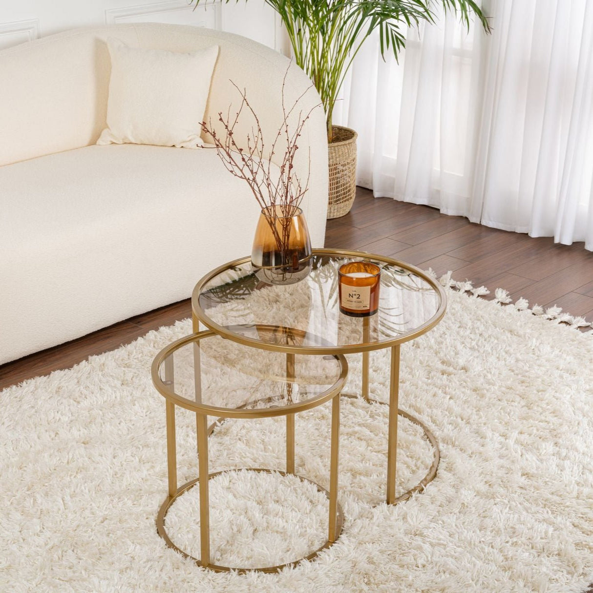 Ensemble de tables basses rondes modernes de 2 Uru Or - Verre Bronze - 60/42 cm 
