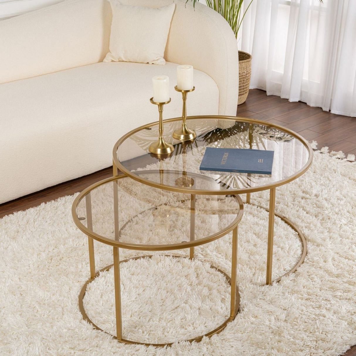 Ensemble de tables basses rondes modernes de 2 Uru Or - Verre Bronze - 80/60 cm 