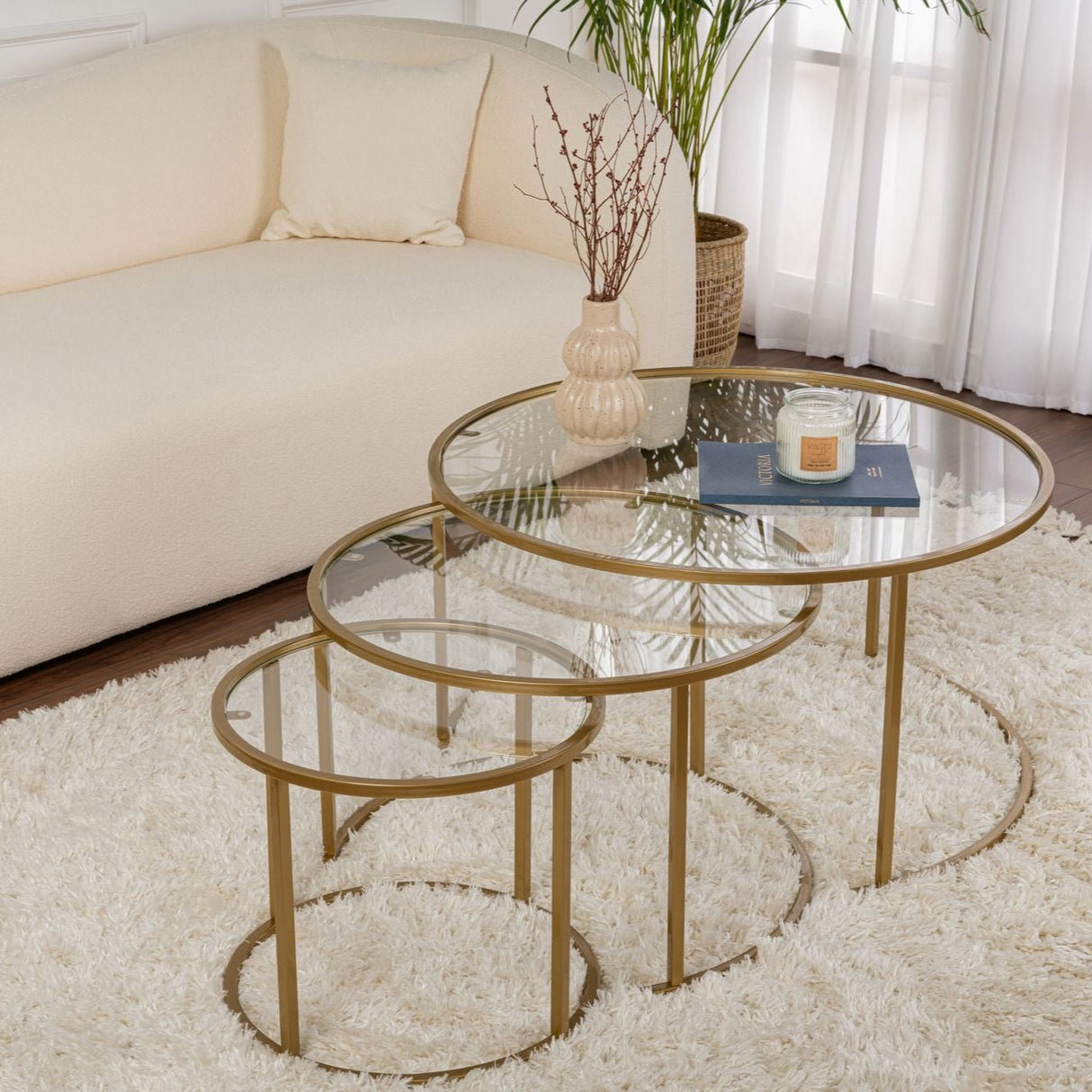 Ensemble de tables basses rondes modernes en Uru or - Verre transparent - 80/60/42 cm 