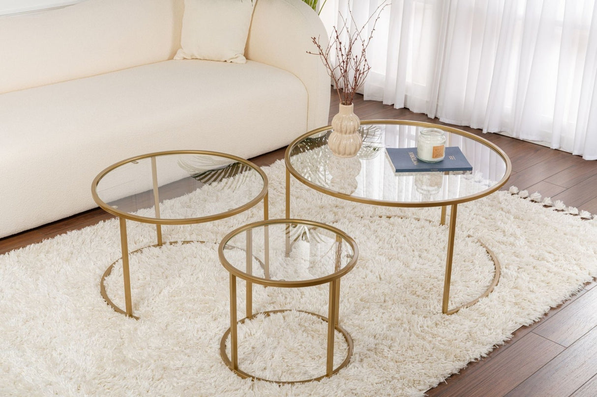 Ensemble de tables basses rondes modernes en Uru or - Verre transparent - 80/60/42 cm 