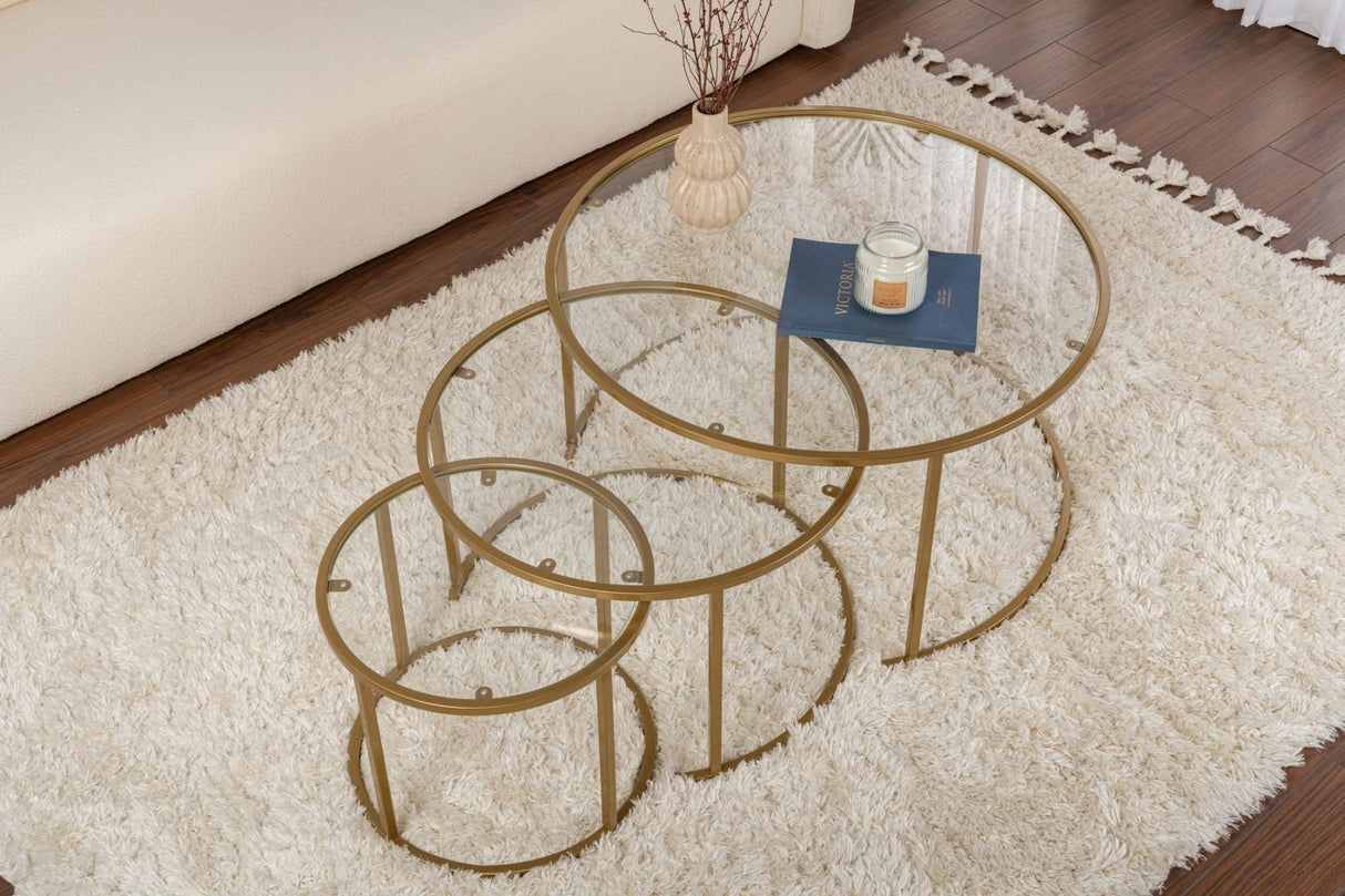 Ensemble de tables basses rondes modernes en Uru or - Verre transparent - 80/60/42 cm 