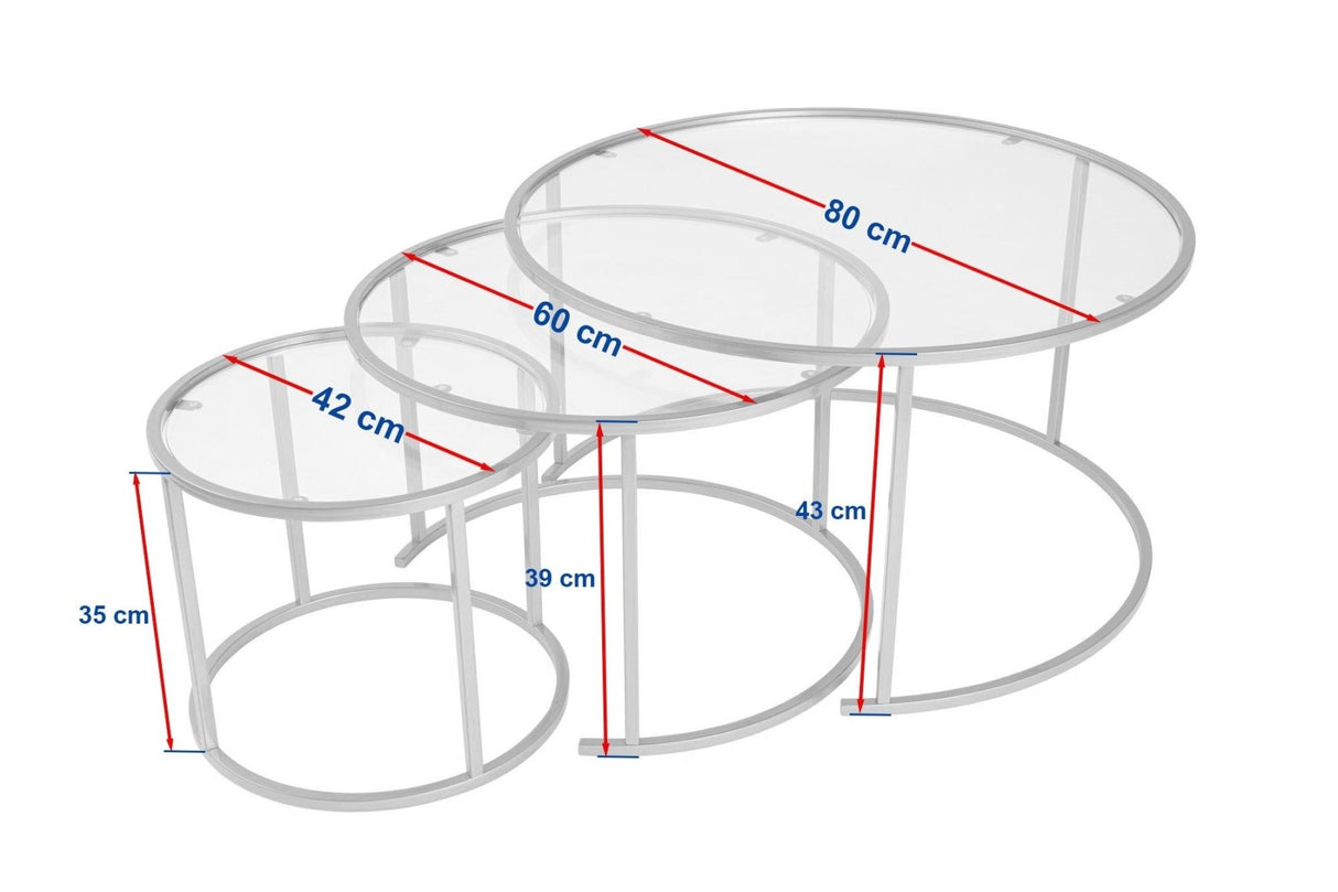 Ensemble de tables basses rondes modernes en Uru or - Verre transparent - 80/60/42 cm 