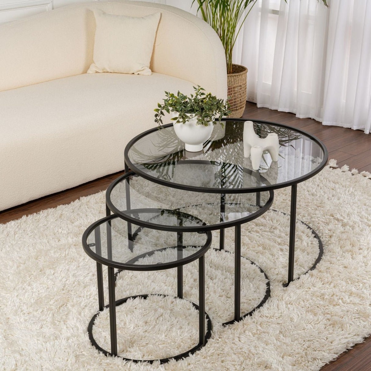 Ensemble de tables basses modernes de 3 Uru Noir - Verre Gris - 80/60/42 cm 