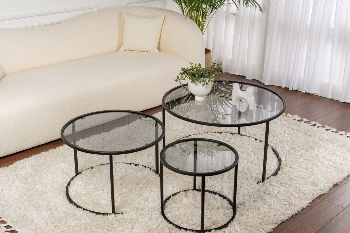 Ensemble de tables basses modernes de 3 Uru Noir - Verre Gris - 80/60/42 cm 