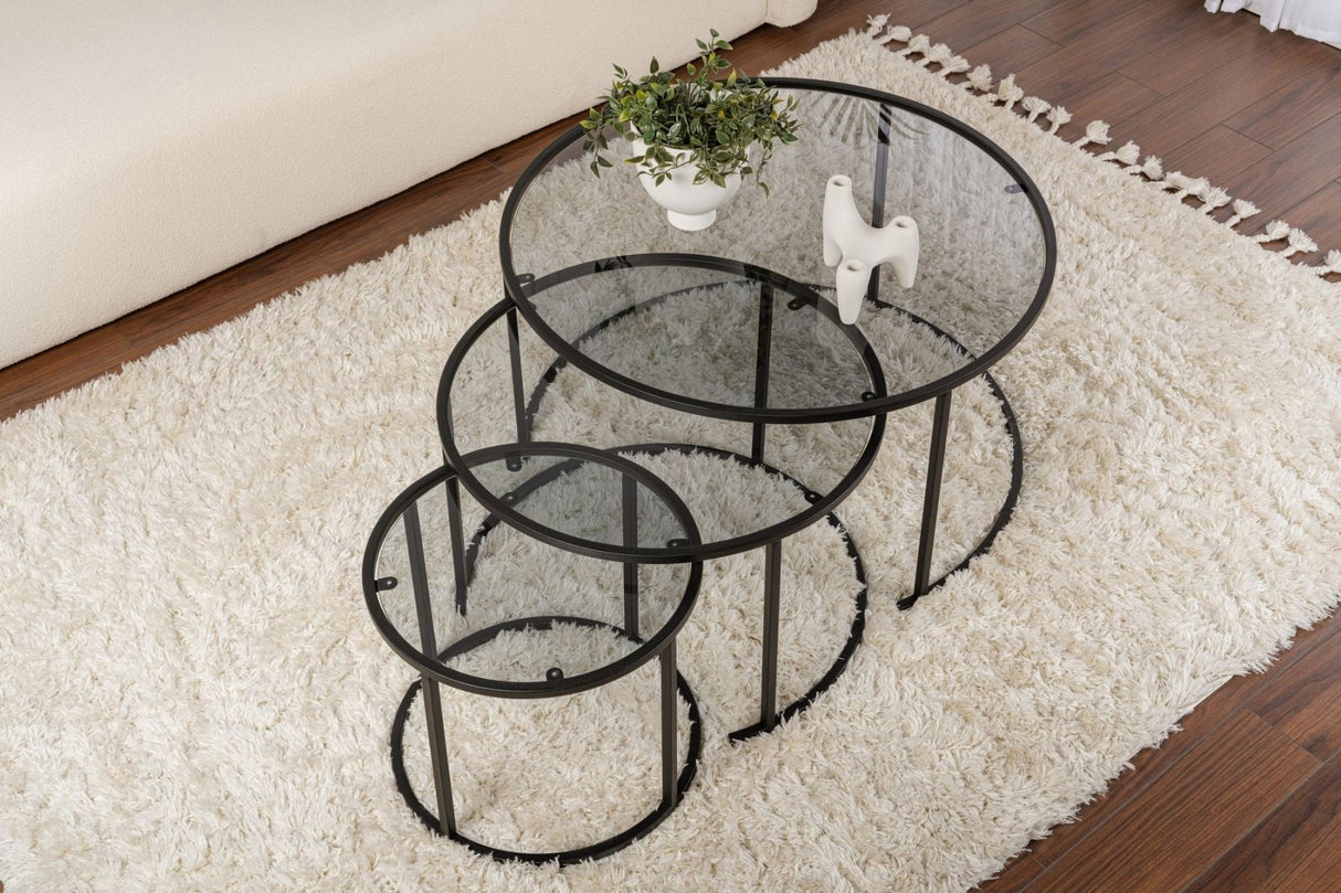 Ensemble de tables basses modernes de 3 Uru Noir - Verre Gris - 80/60/42 cm 