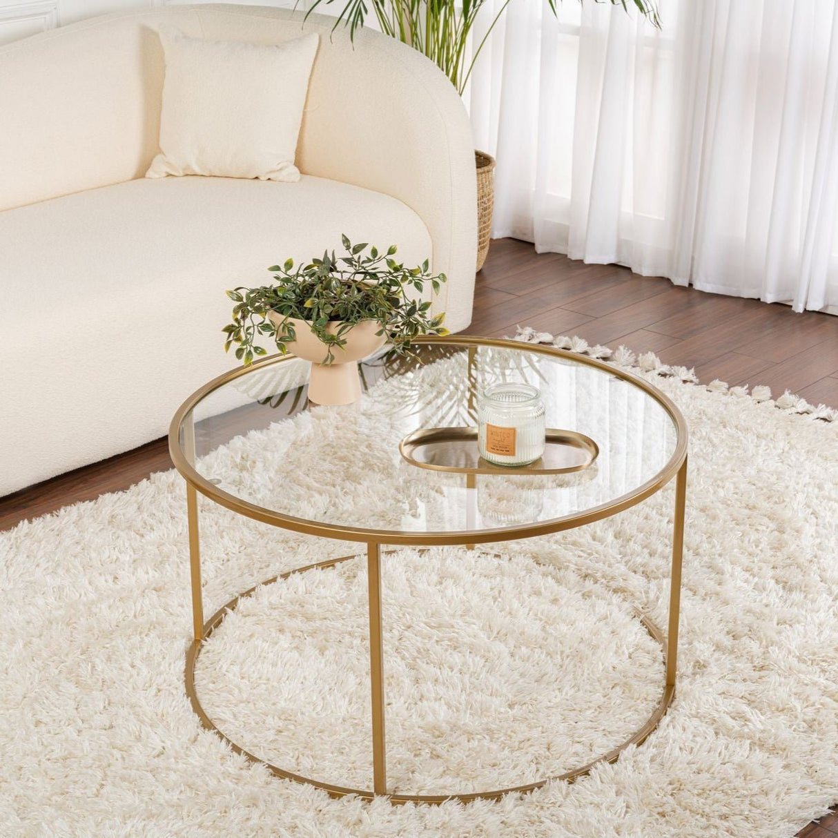 Table basse ronde moderne Uru Or - Verre - 80 cm 