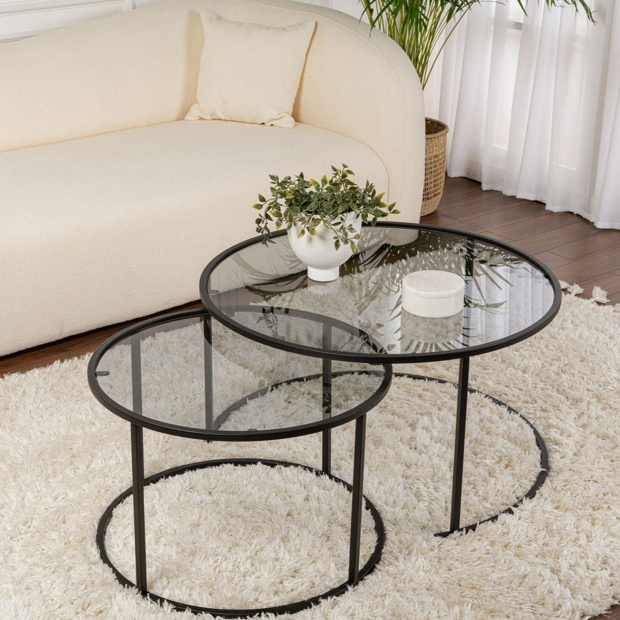 Ensemble de tables basses rondes modernes Uru Noir - Verre Gris - 80/60 cm 