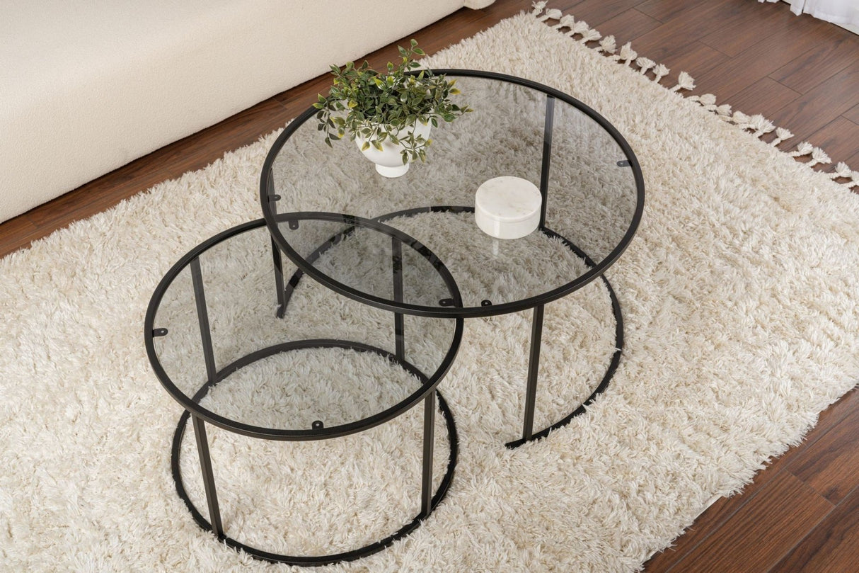 Ensemble de tables basses rondes modernes Uru Noir - Verre Gris - 80/60 cm 