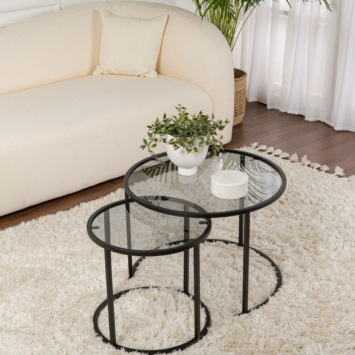 Ensemble de tables basses rondes modernes Uru Noir - Verre gris - 60/42 cm 