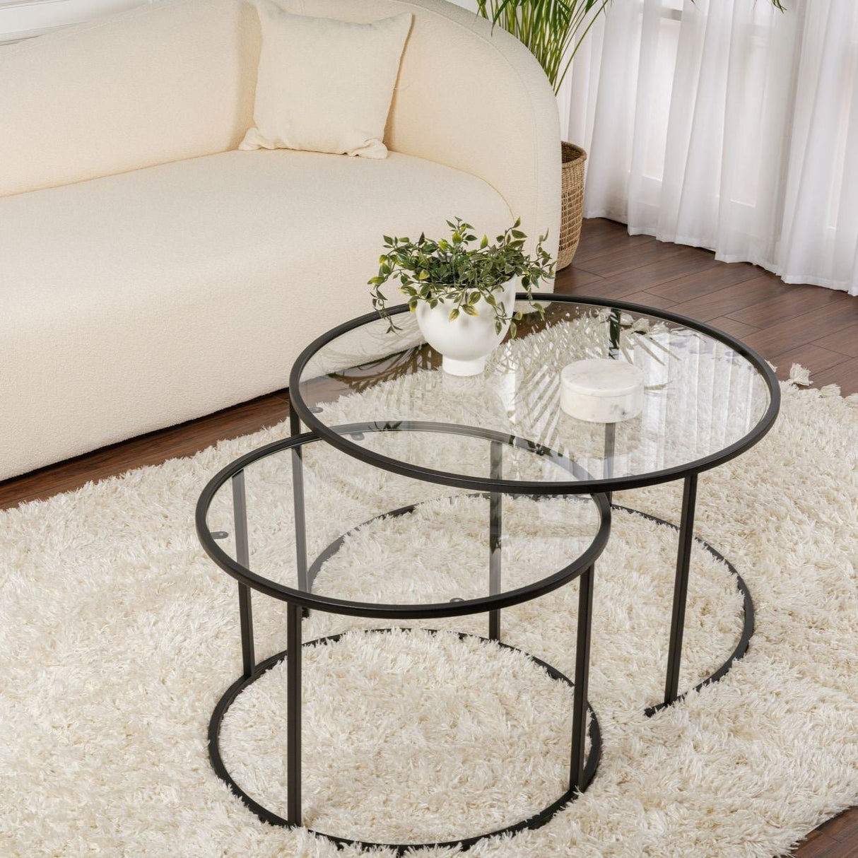 Ensemble de Tables Basses Rondes Modernes de 2 Uru Noir - Verre Transparent - 80/60 cm 