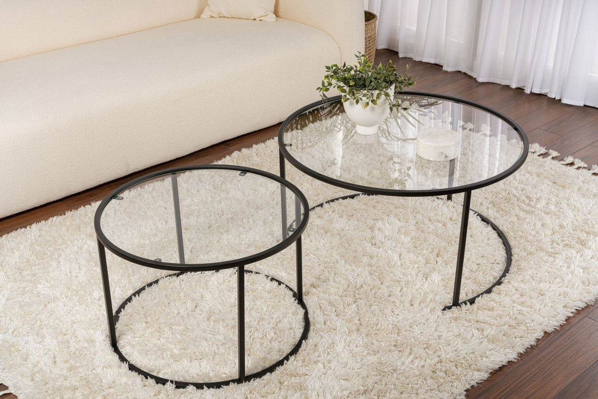 Ensemble de Tables Basses Rondes Modernes de 2 Uru Noir - Verre Transparent - 80/60 cm 