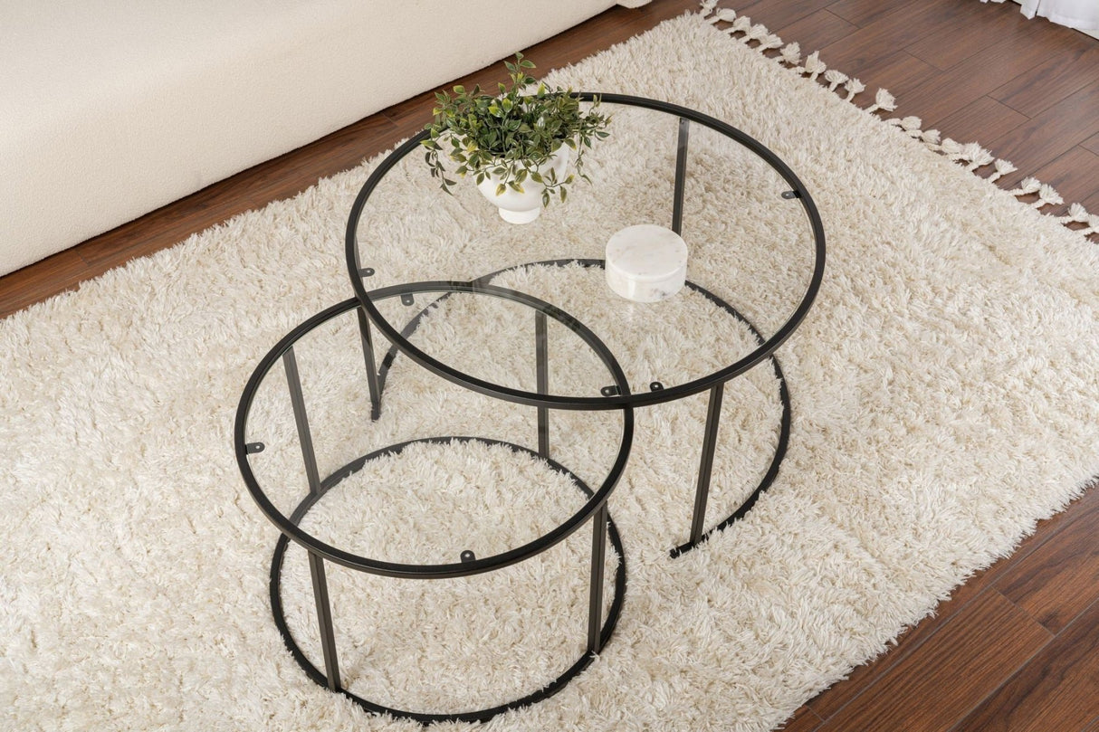 Ensemble de Tables Basses Rondes Modernes de 2 Uru Noir - Verre Transparent - 80/60 cm 