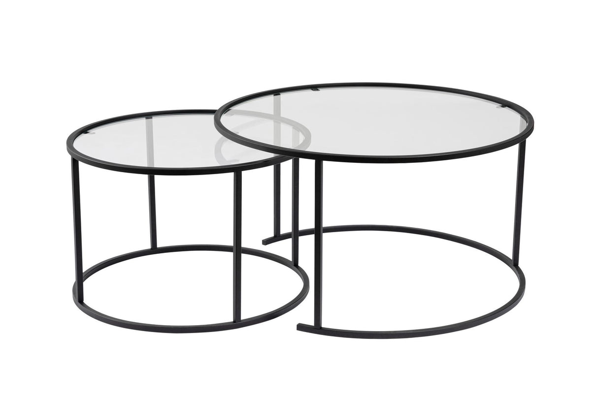 Ensemble de Tables Basses Rondes Modernes de 2 Uru Noir - Verre Transparent - 80/60 cm 