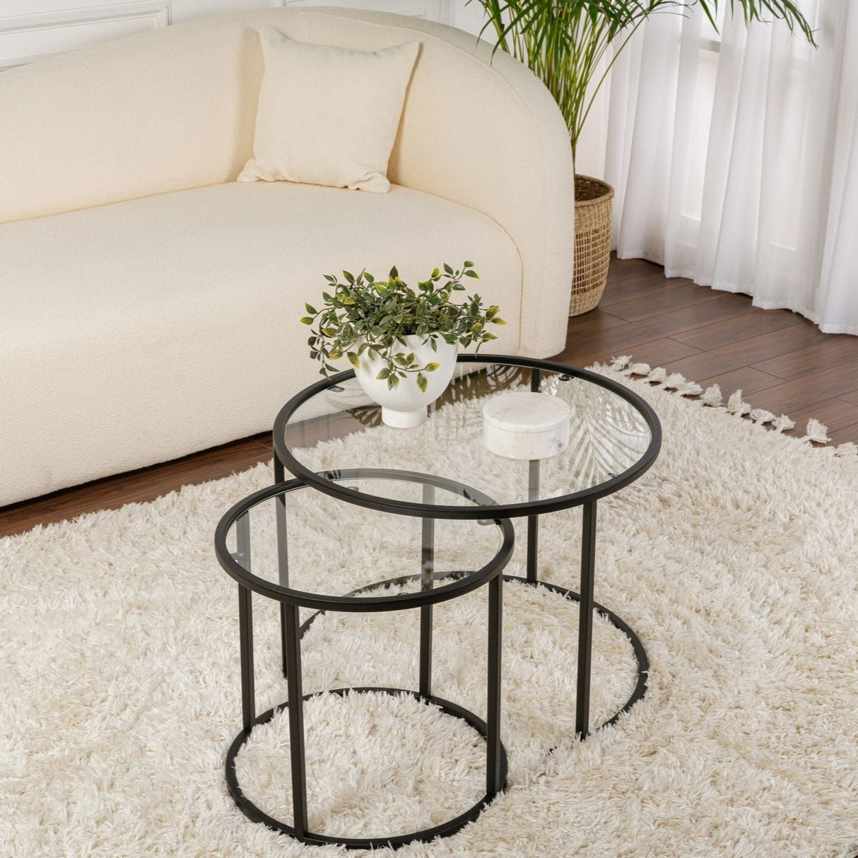 Ensemble de tables basses rondes modernes de 2 Uru Noir - Verre transparent - 60/42 cm 