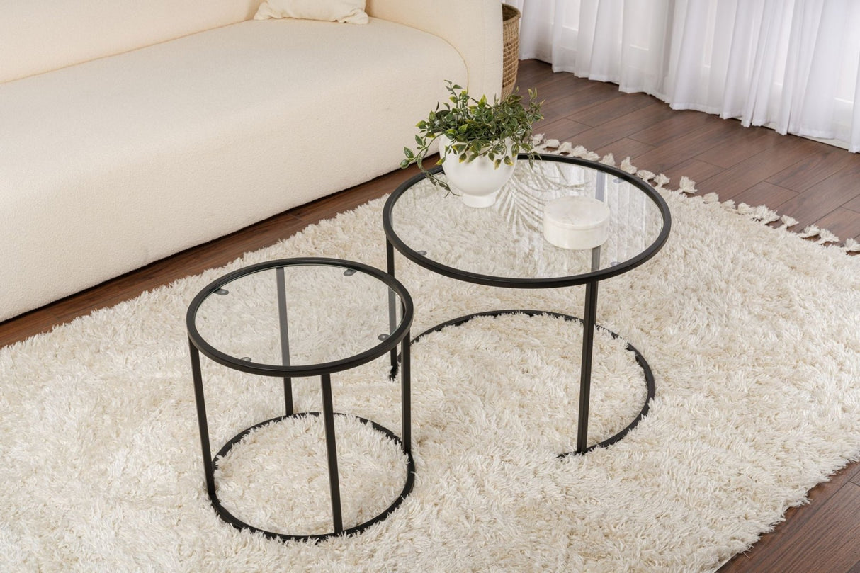 Ensemble de tables basses rondes modernes de 2 Uru Noir - Verre transparent - 60/42 cm 