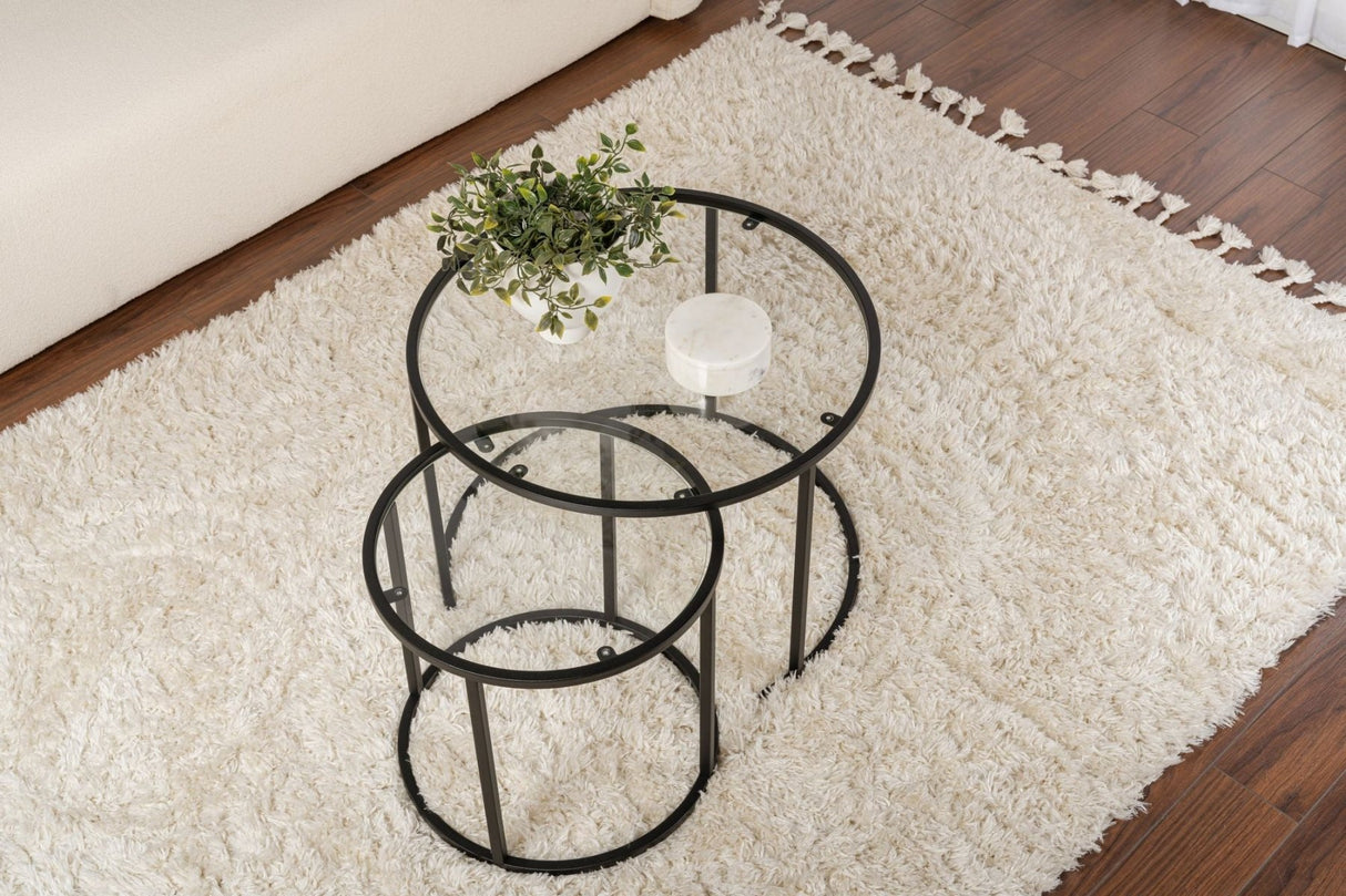 Ensemble de tables basses rondes modernes de 2 Uru Noir - Verre transparent - 60/42 cm 