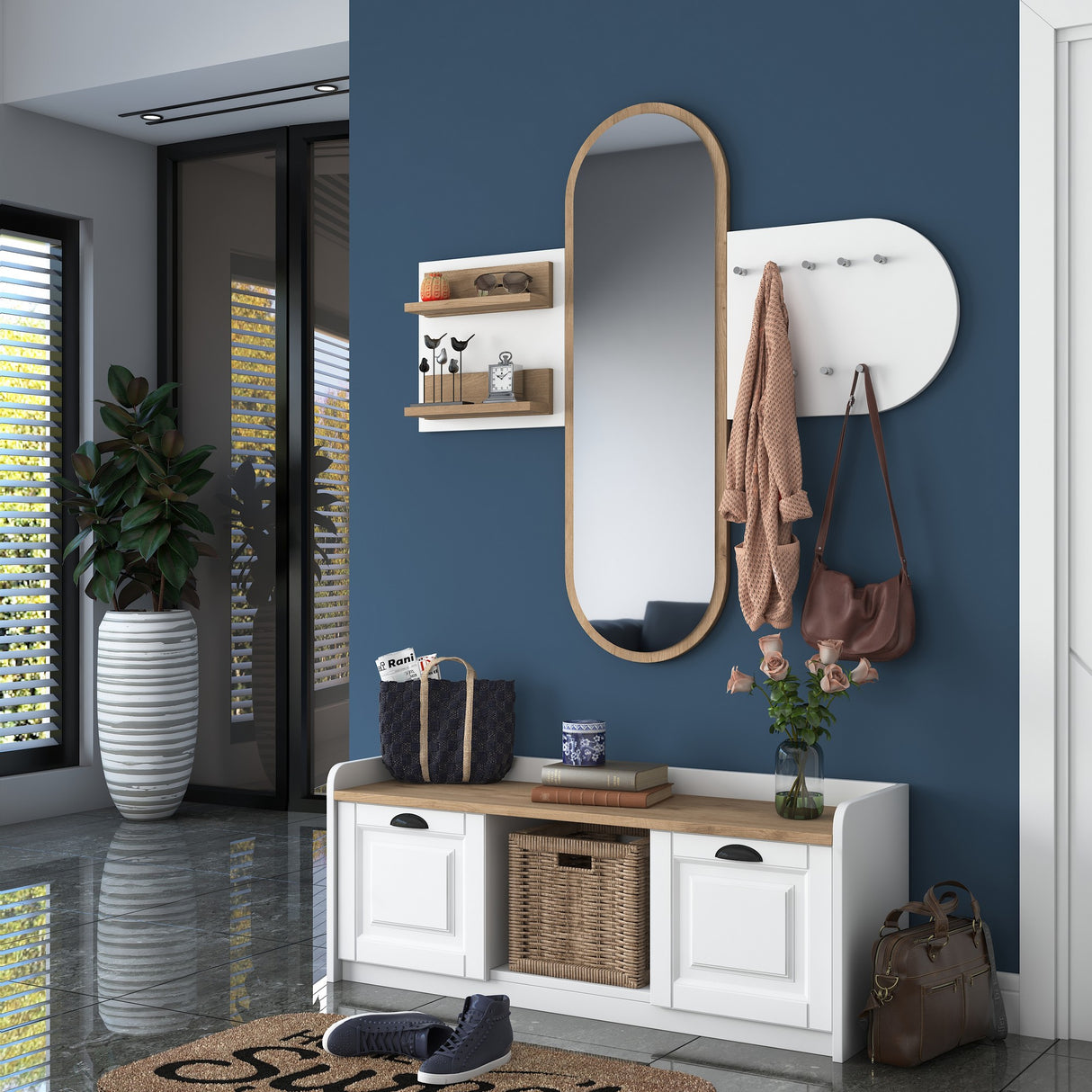 Meubelset Kapstok - Spiegel - Schoenenkast  - Wit-Walnoot Melamine