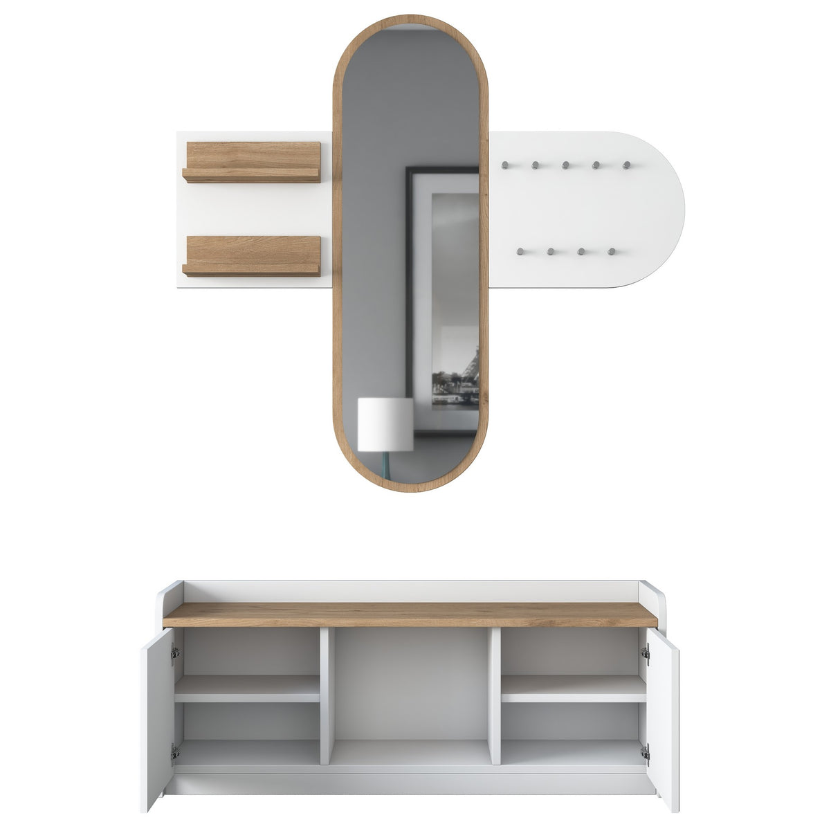Meubelset Kapstok - Spiegel - Schoenenkast  - Wit-Walnoot Melamine