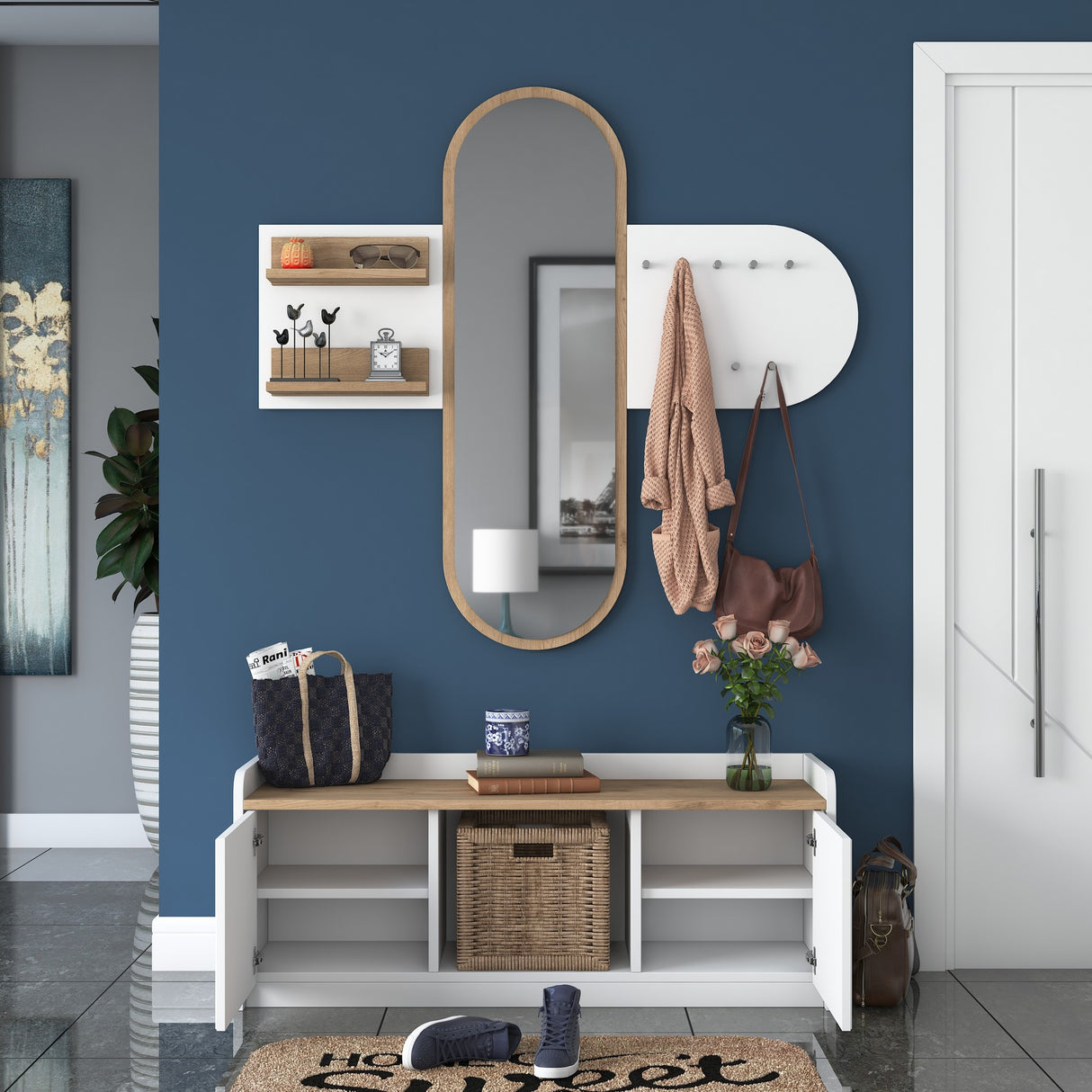 Meubelset Kapstok - Spiegel - Schoenenkast  - Wit-Walnoot Melamine