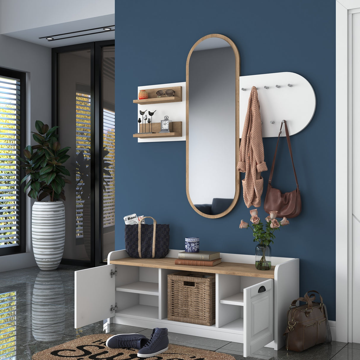 Meubelset Kapstok - Spiegel - Schoenenkast  - Wit-Walnoot Melamine