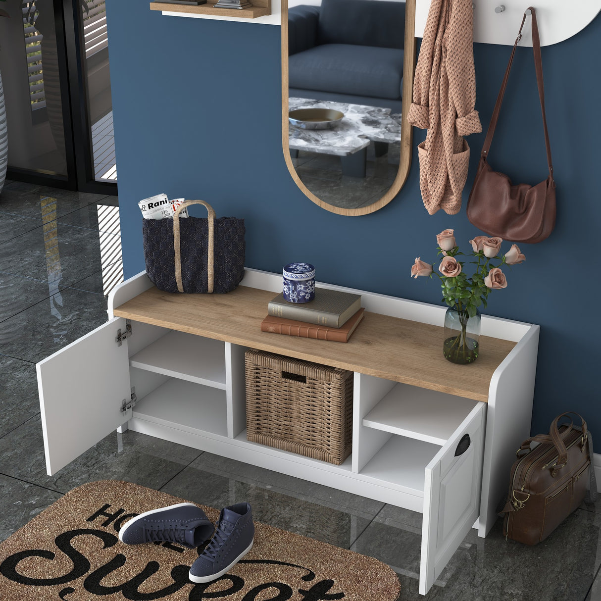 Meubelset Kapstok - Spiegel - Schoenenkast  - Wit-Walnoot Melamine