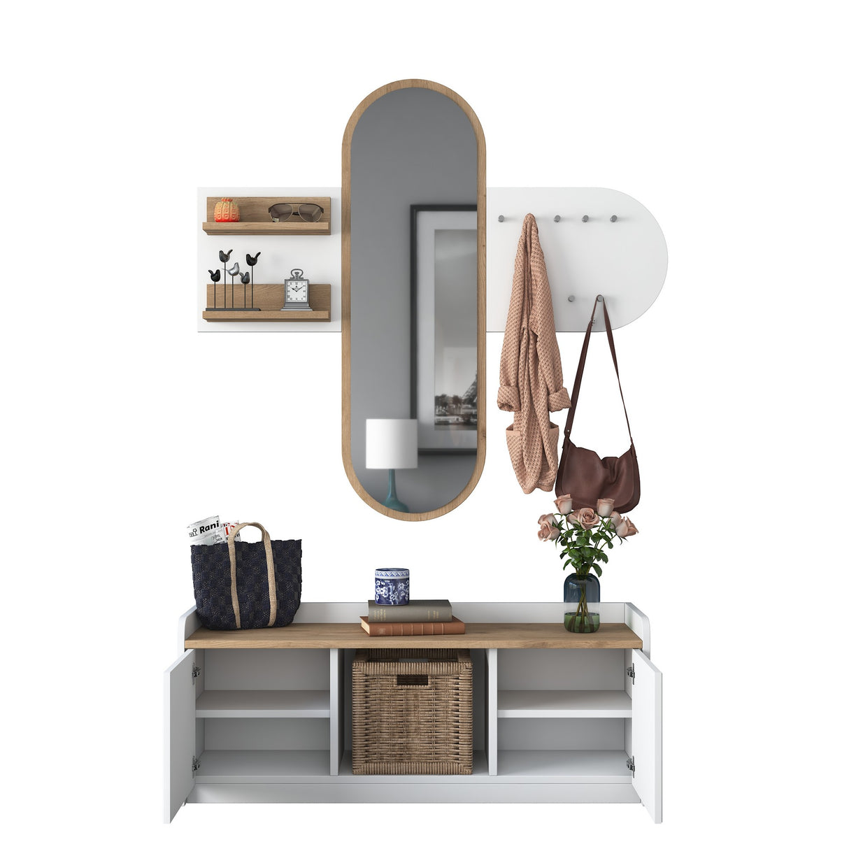 Meubelset Kapstok - Spiegel - Schoenenkast  - Wit-Walnoot Melamine