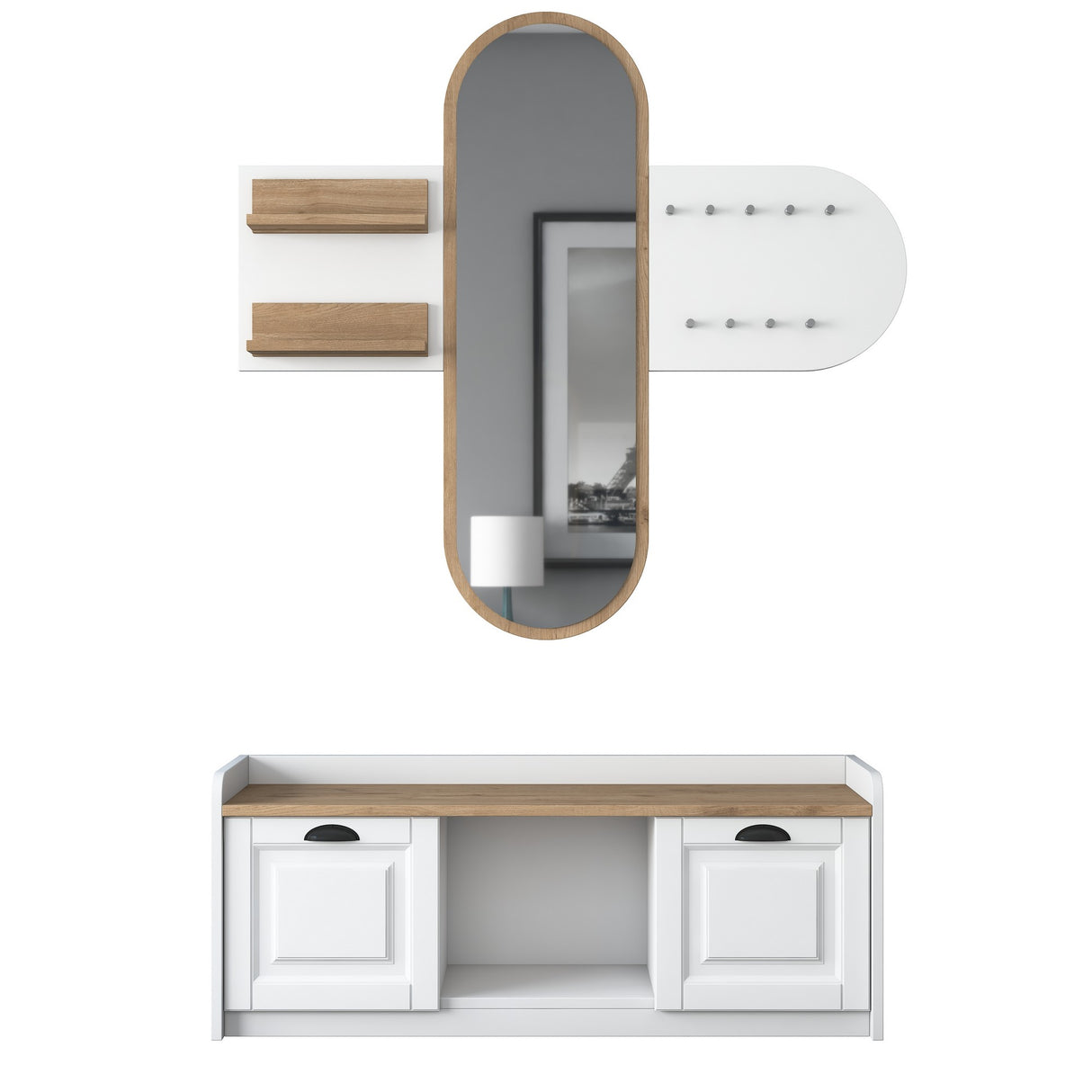 Meubelset Kapstok - Spiegel - Schoenenkast  - Wit-Walnoot Melamine