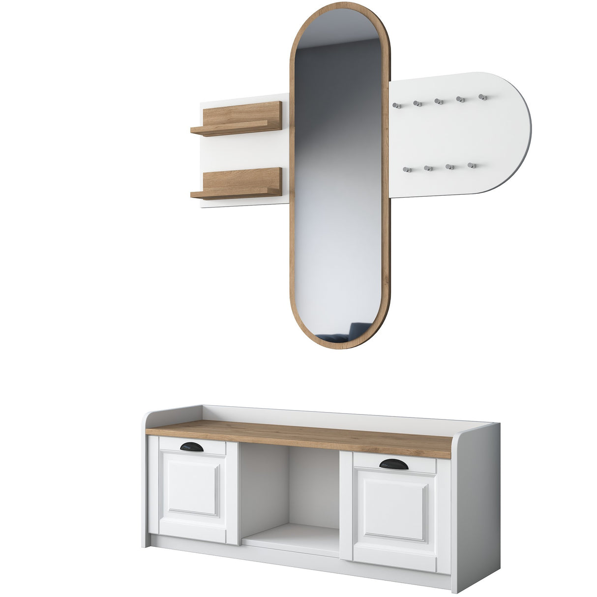 Meubelset Kapstok - Spiegel - Schoenenkast  - Wit-Walnoot Melamine