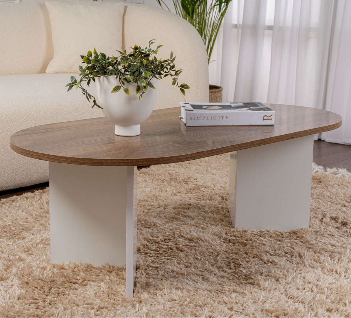 Table basse ovale aspect noyer - Pied blanc - Sabla - 119x60 