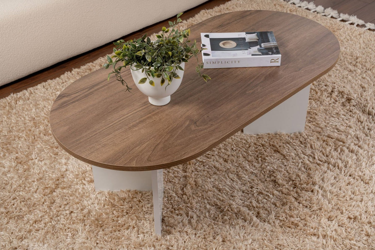 Table basse ovale aspect noyer - Pied blanc - Sabla - 119x60 