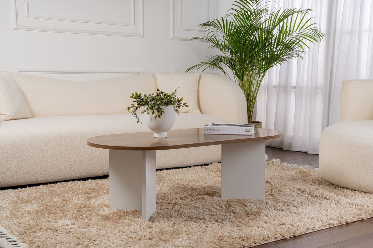 Table basse ovale aspect noyer - Pied blanc - Sabla - 119x60 
