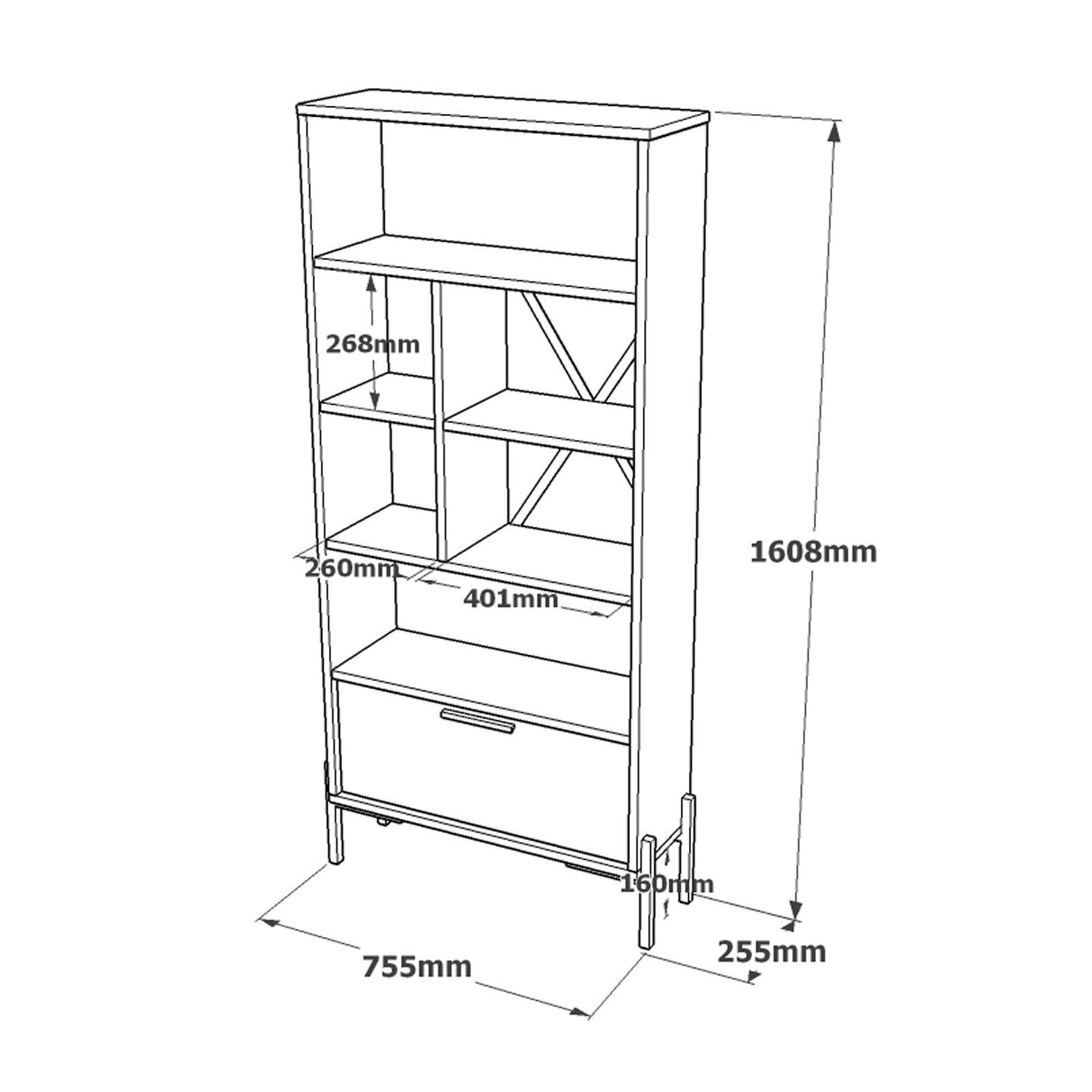 Boekenkast Rhea Bruin Grijs Antraciet Melamine 75,5x160,8x44,5 cm