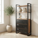 Industriële boekenkast met lades dennenhout melamine zwart metaal Cosmo 90x180x35 cm