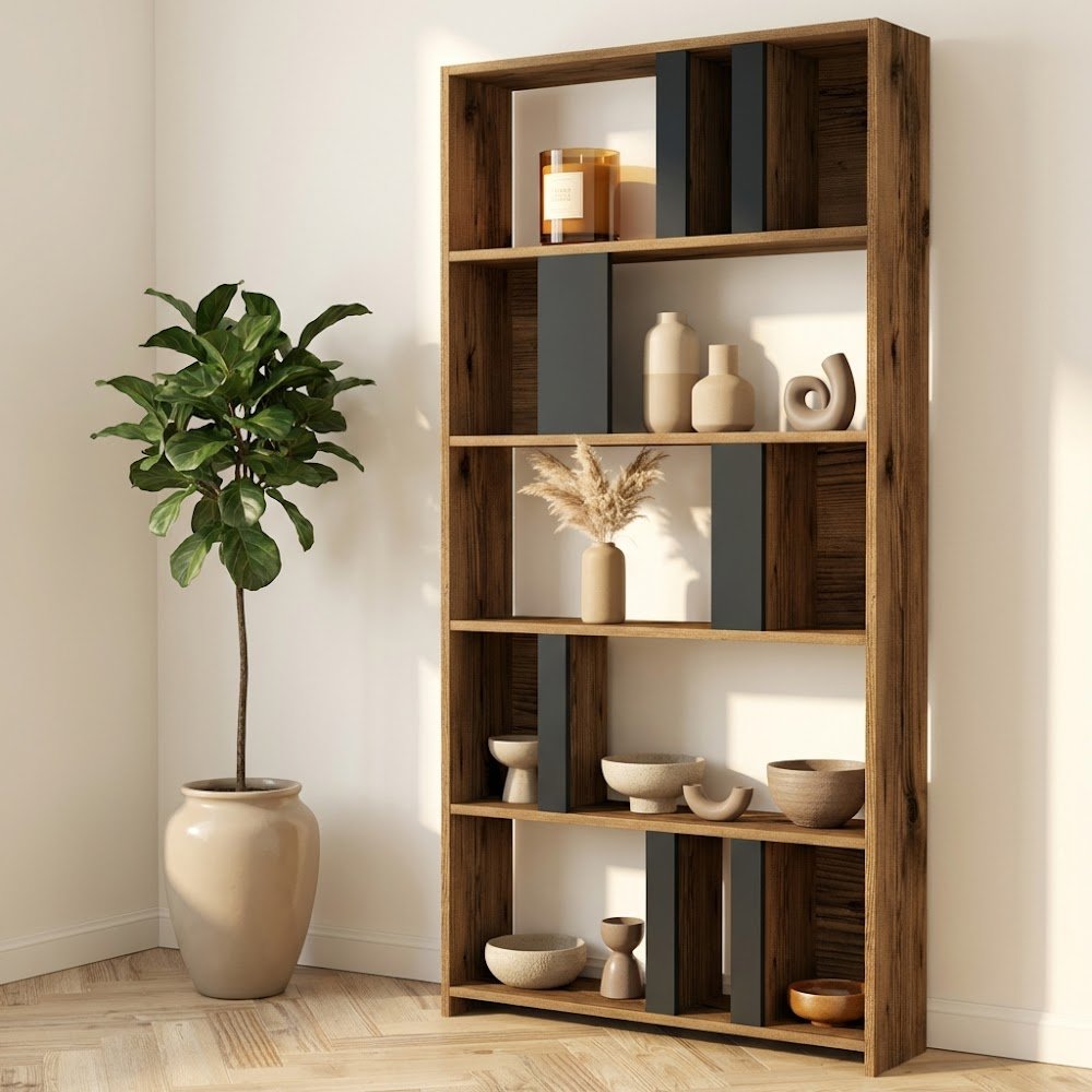 Boekenkast Lima Walnoot Antraciet Melamine 90x180x20 cm