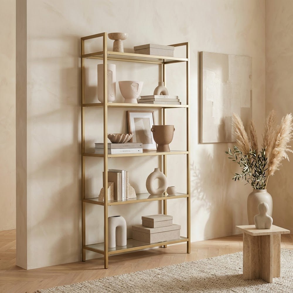 Bibliothèque moderne chic Veneto métal doré verre 80x165x30 cm