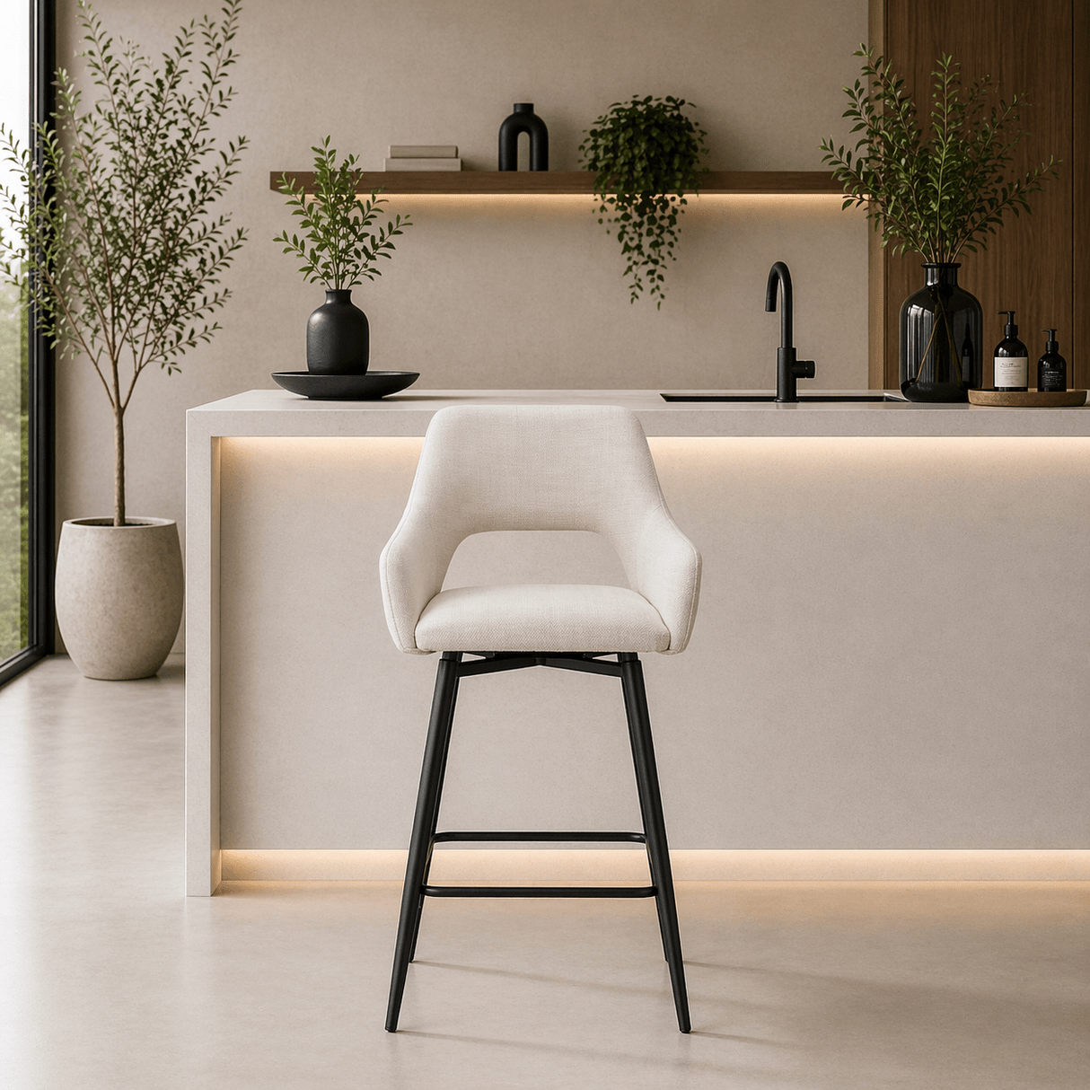 Draaibare Barkruk Beige Stof Skye - Zithoogte 67 cm - Met Armleuningen