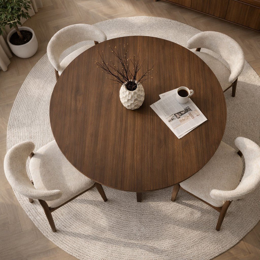 Table à manger ronde Mary en mélamine décor noyer – 125 cm